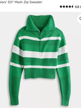 SO Green and White Striped Mesh Zip Sweater